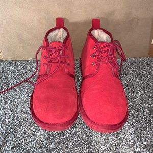 Alpine boots, similar to Ugg boots. They are red on outside cream on outside.